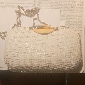 Chic White Woven Clutch with Chain Strap
